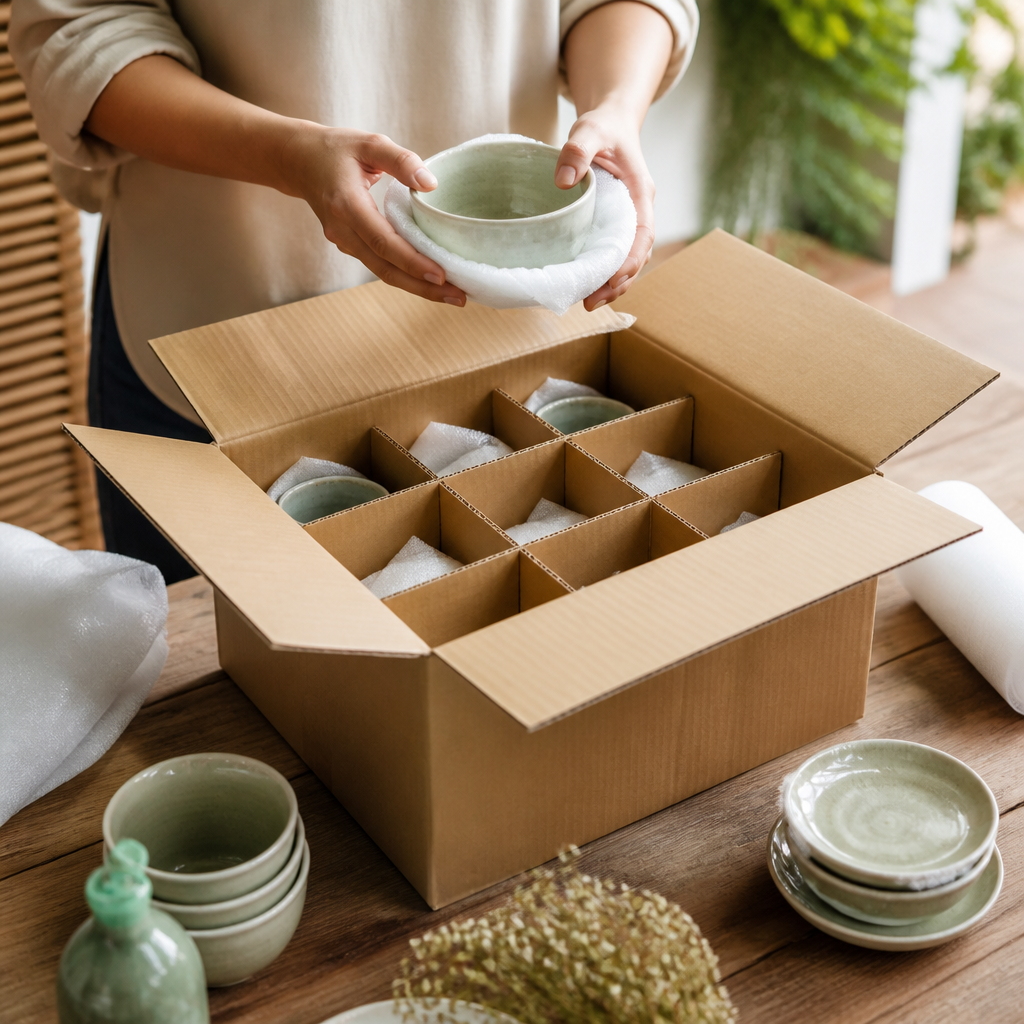 Hộp carton chống sốc với các vách ngăn bên trong, chứa các chai thủy tinh hoặc linh kiện điện tử.
