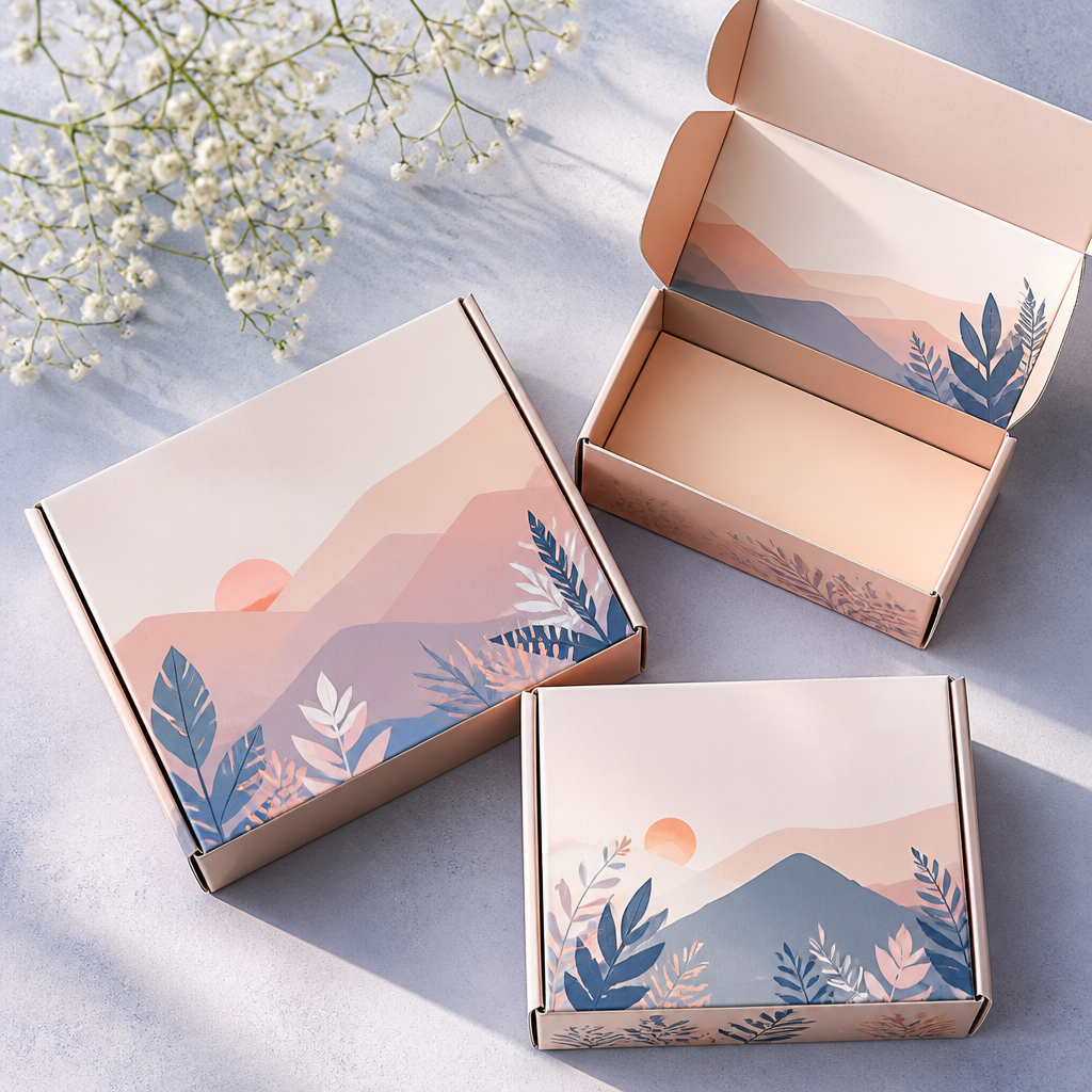Thùng carton được in logo và thông tin thương hiệu rõ nét, bên cạnh thùng carton trơn.