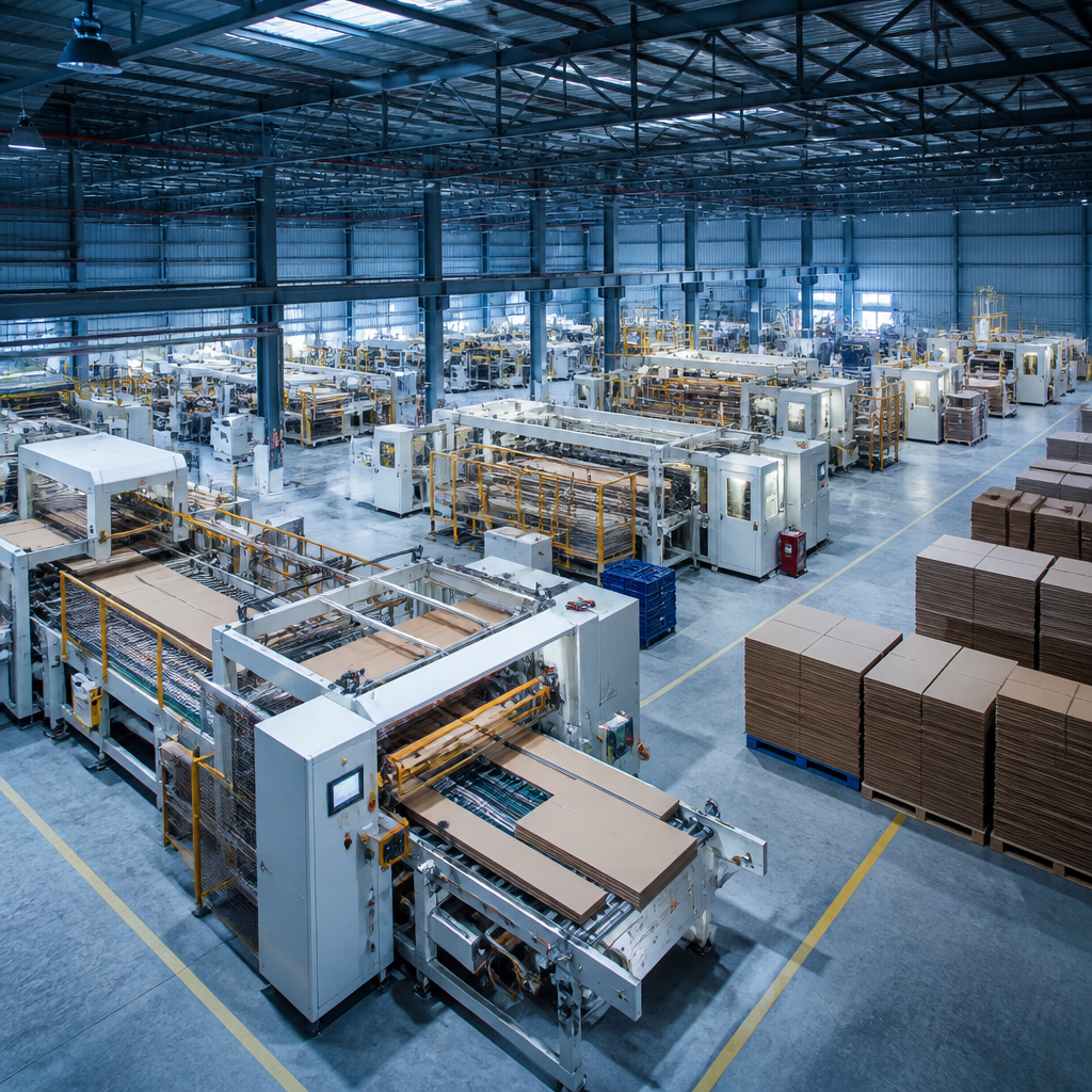 Toàn cảnh nhà máy sản xuất thùng carton với dây chuyền máy móc hiện đại và nhân công đang làm việc.