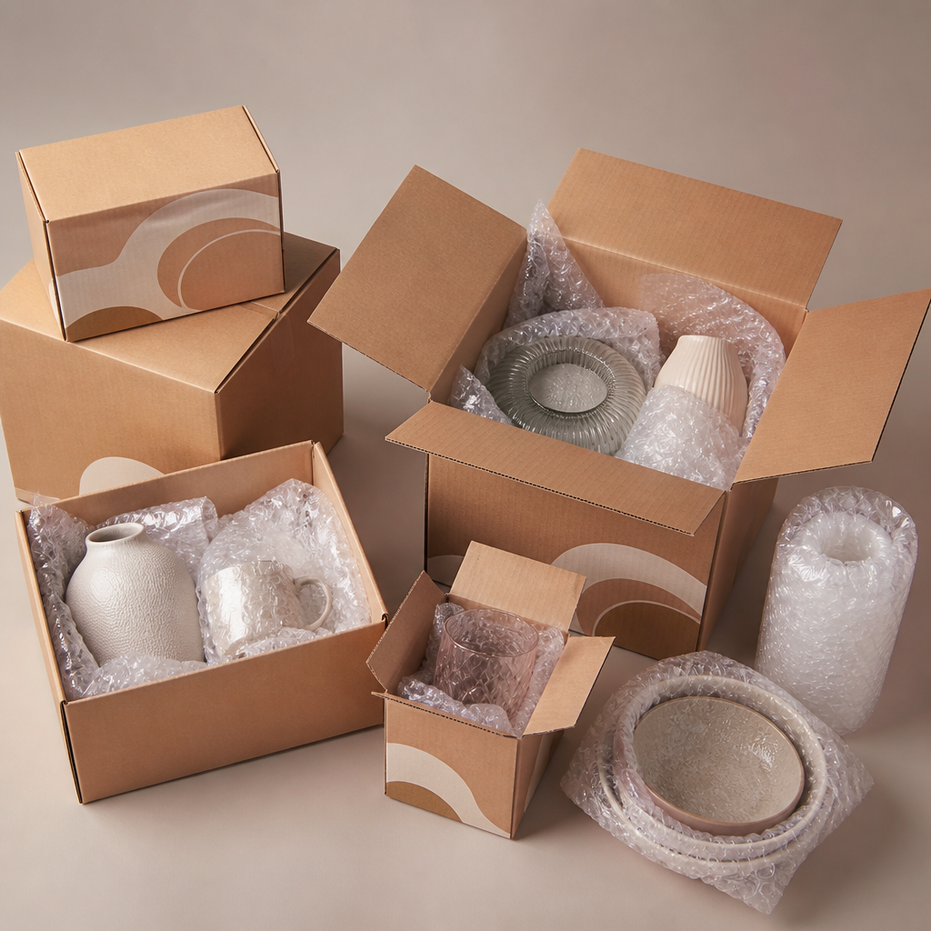 Những món đồ dễ vỡ được bọc màng xốp hơi và sắp xếp cẩn thận trong thùng carton.