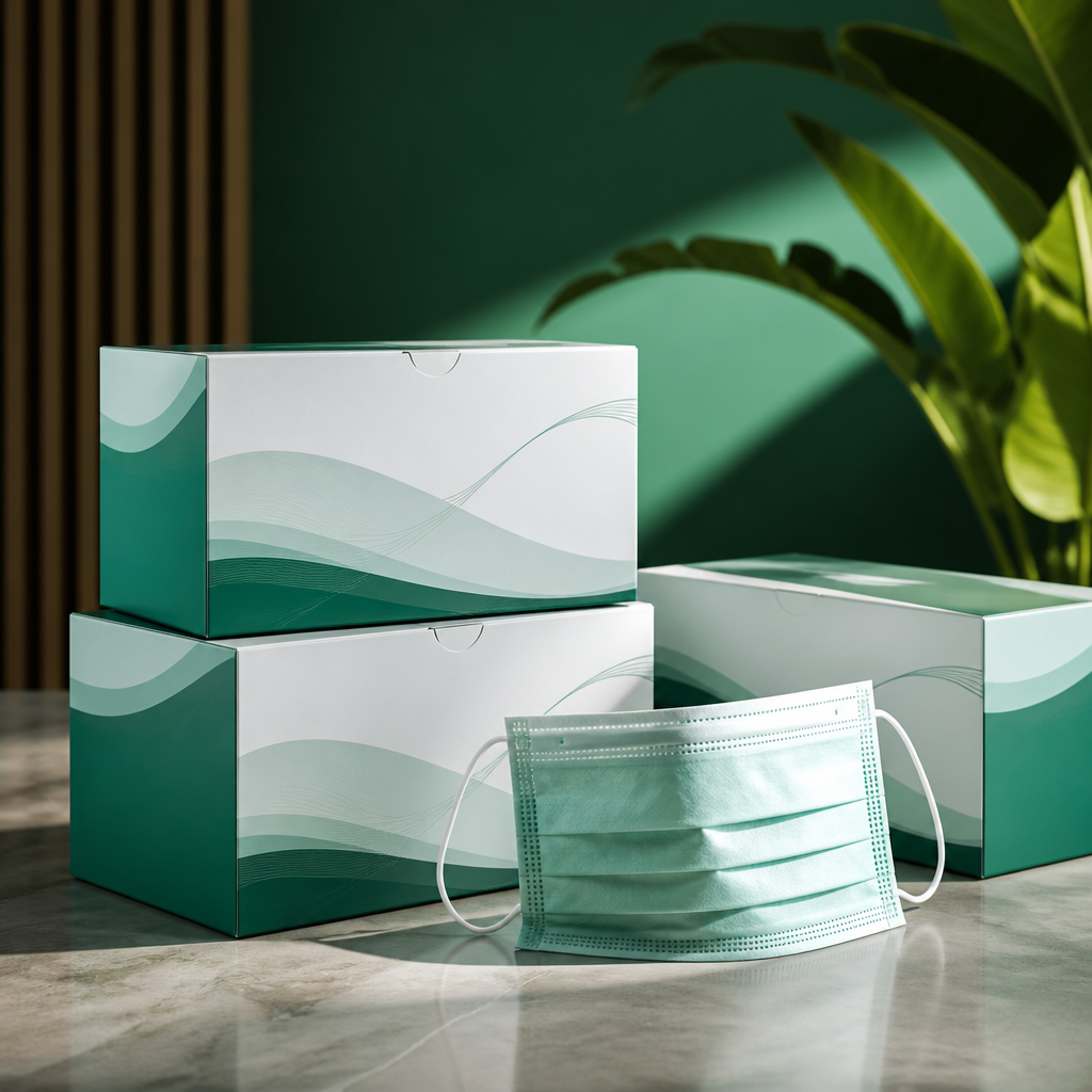 Thùng carton đựng khẩu trang y tế chất lượng cao, xếp gọn gàng trong kho