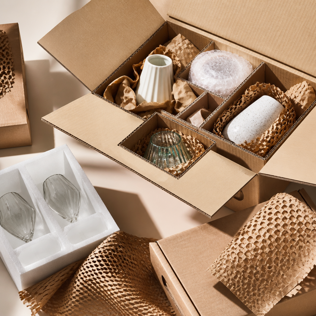 Thùng carton 7 lớp được sử dụng để đóng gói các sản phẩm gốm sứ dễ vỡ, có in logo thương hiệu rõ ràng