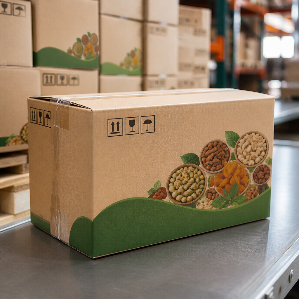 Thùng carton 7 lớp được đóng gói với trái cây tươi, sẵn sàng cho vận chuyển quốc tế