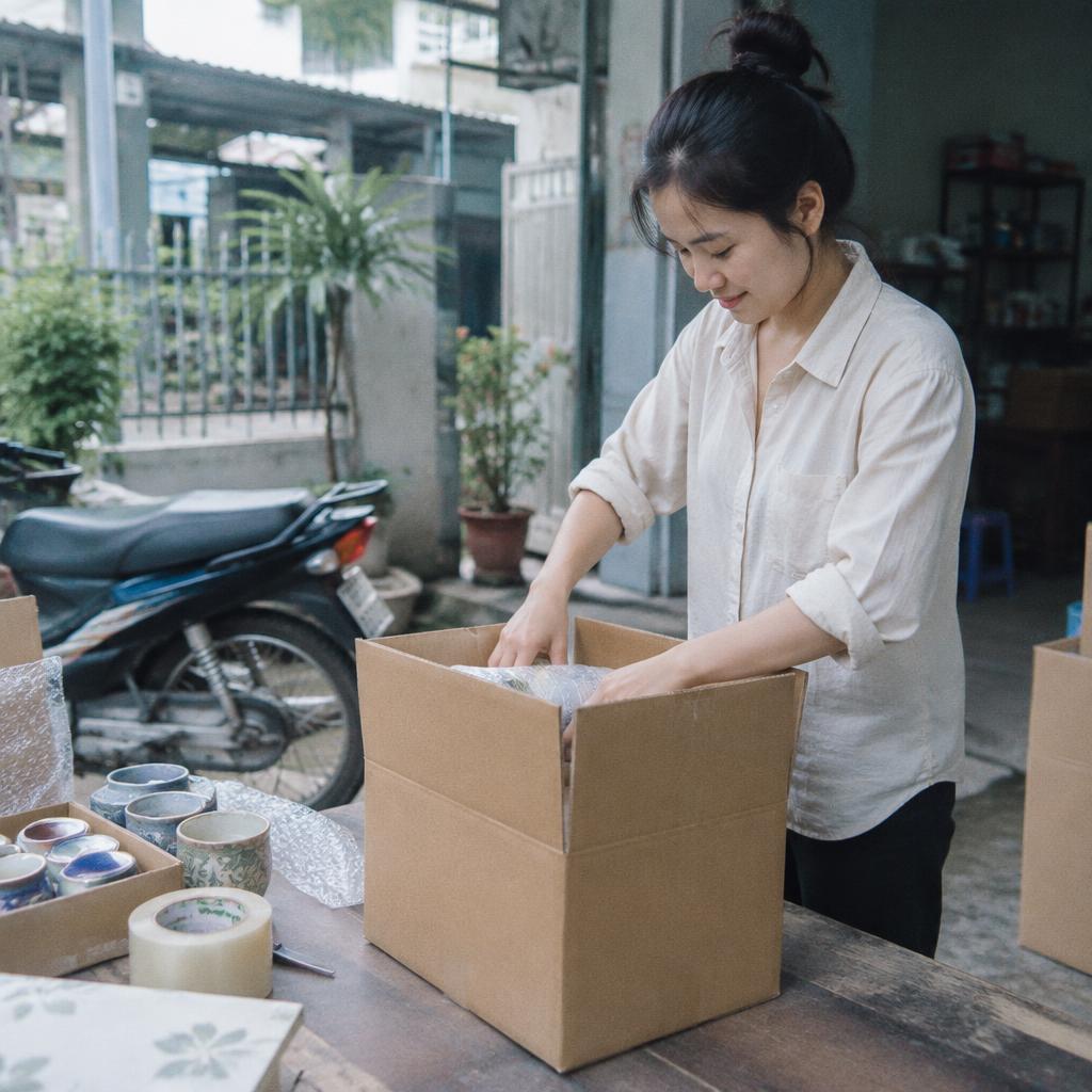 Người công nhân đang cẩn thận đóng gói sản phẩm vào thùng carton để chuẩn bị vận chuyển