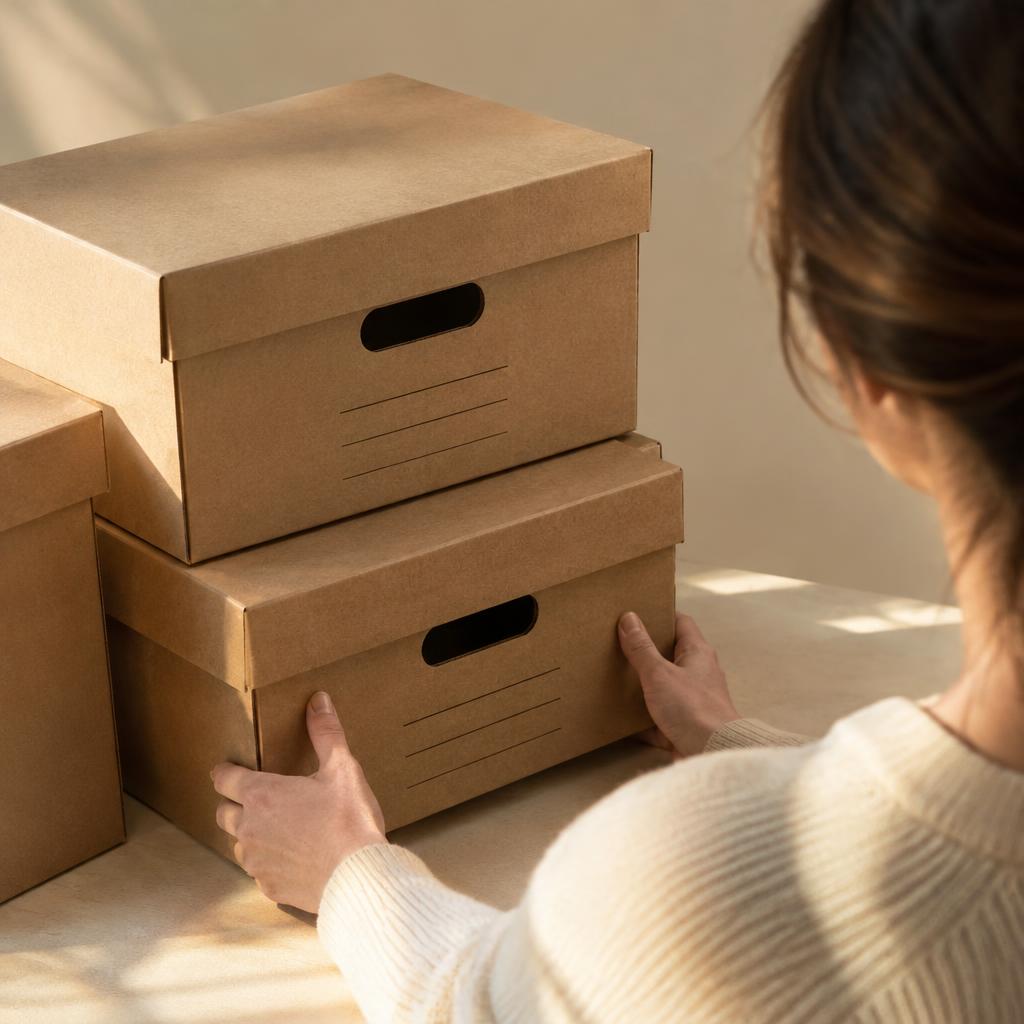 Dãy thùng carton chất liệu Kraft màu nâu được xếp chồng lên nhau trong kho