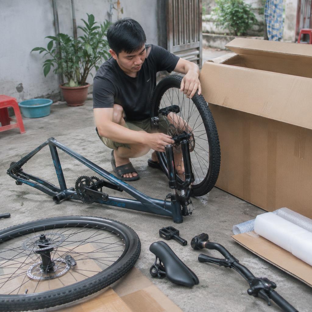 Các bước tháo rời xe đạp một cách cẩn thận để chuẩn bị đóng gói vào thùng carton.
